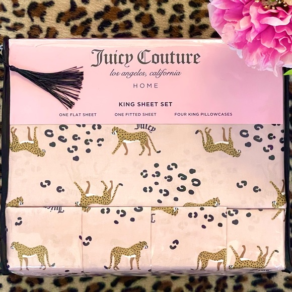 JUICY COUTURE HOME Bedding Sheet Set KING SIZE Pink Cheetah Logo 6-Piece NEW - Picture 1 of 9
